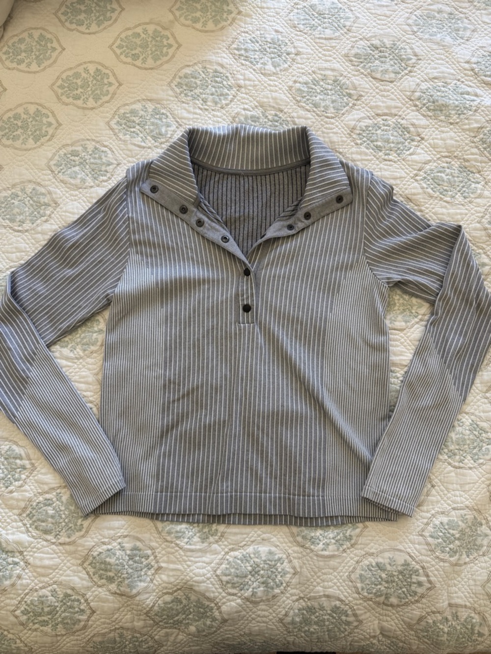 Athleta Long Sleeve Striped Grey Button-Detail Pullover